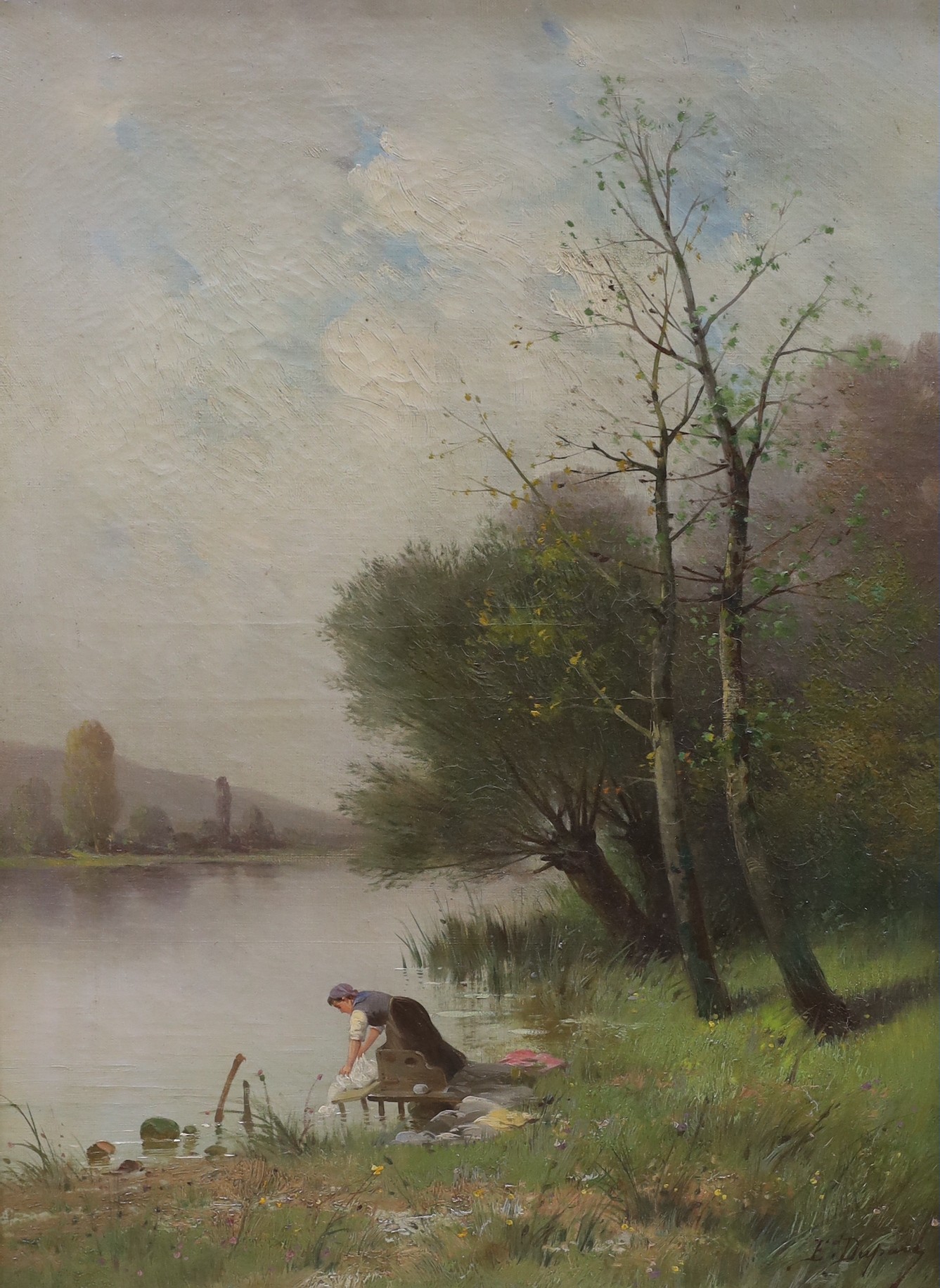 Ed Duparc (19th C.), pair of oils on canvas, River landscapes with angler and woman washing clothes, signed, 64 x 48cm